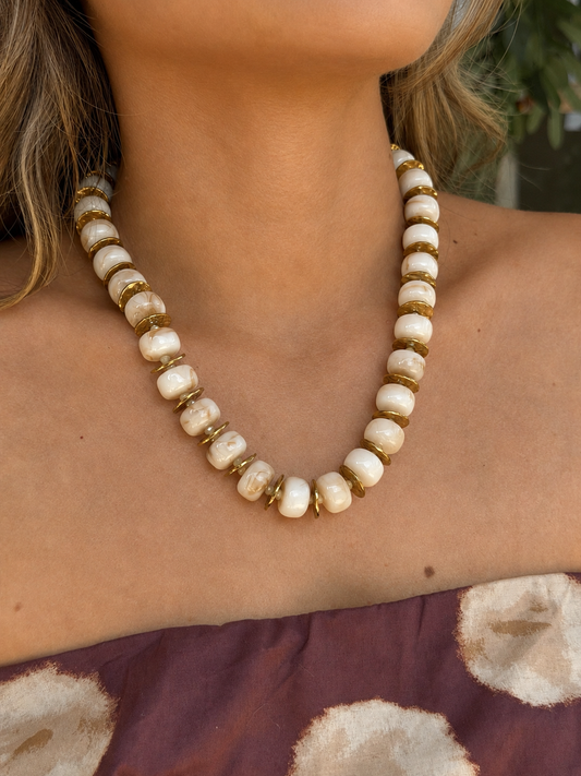 White Round Bead Necklace with Gold Spacers