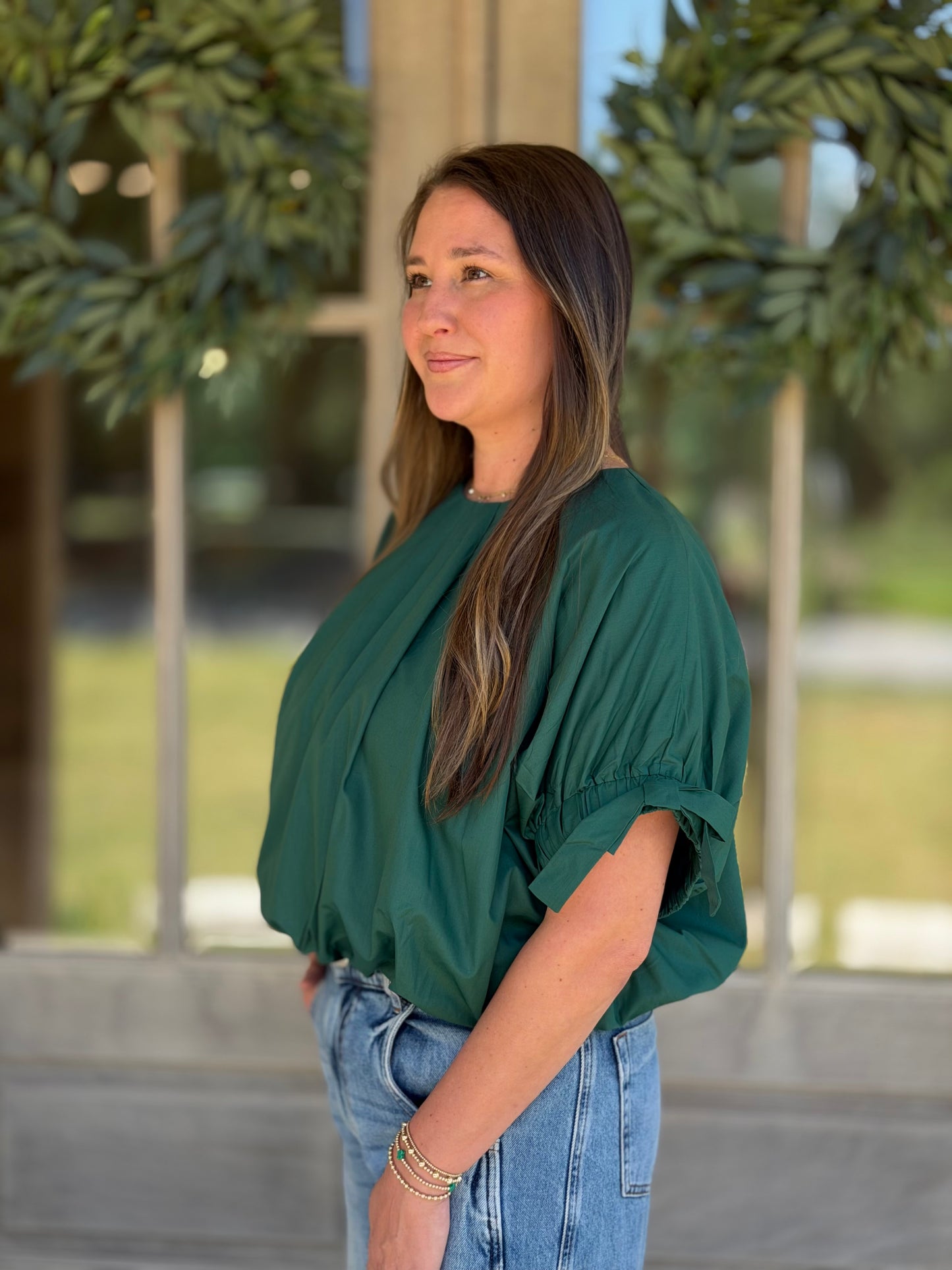 Megan Emerald Green Tie Sleeve Blouse.