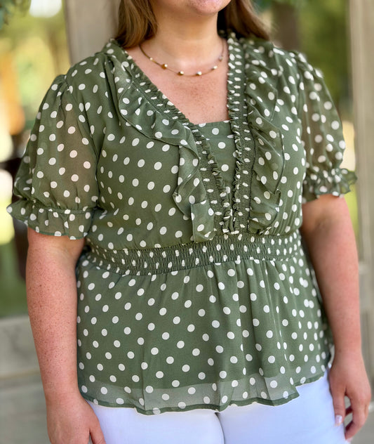 Olive Polka Dot Ruffle Sleeve Plus Size Top