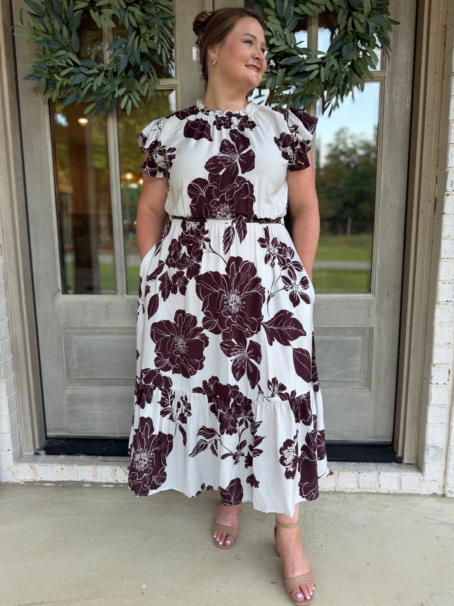 Brown Floral Flutter Sleeve Midi Plus Size Dress