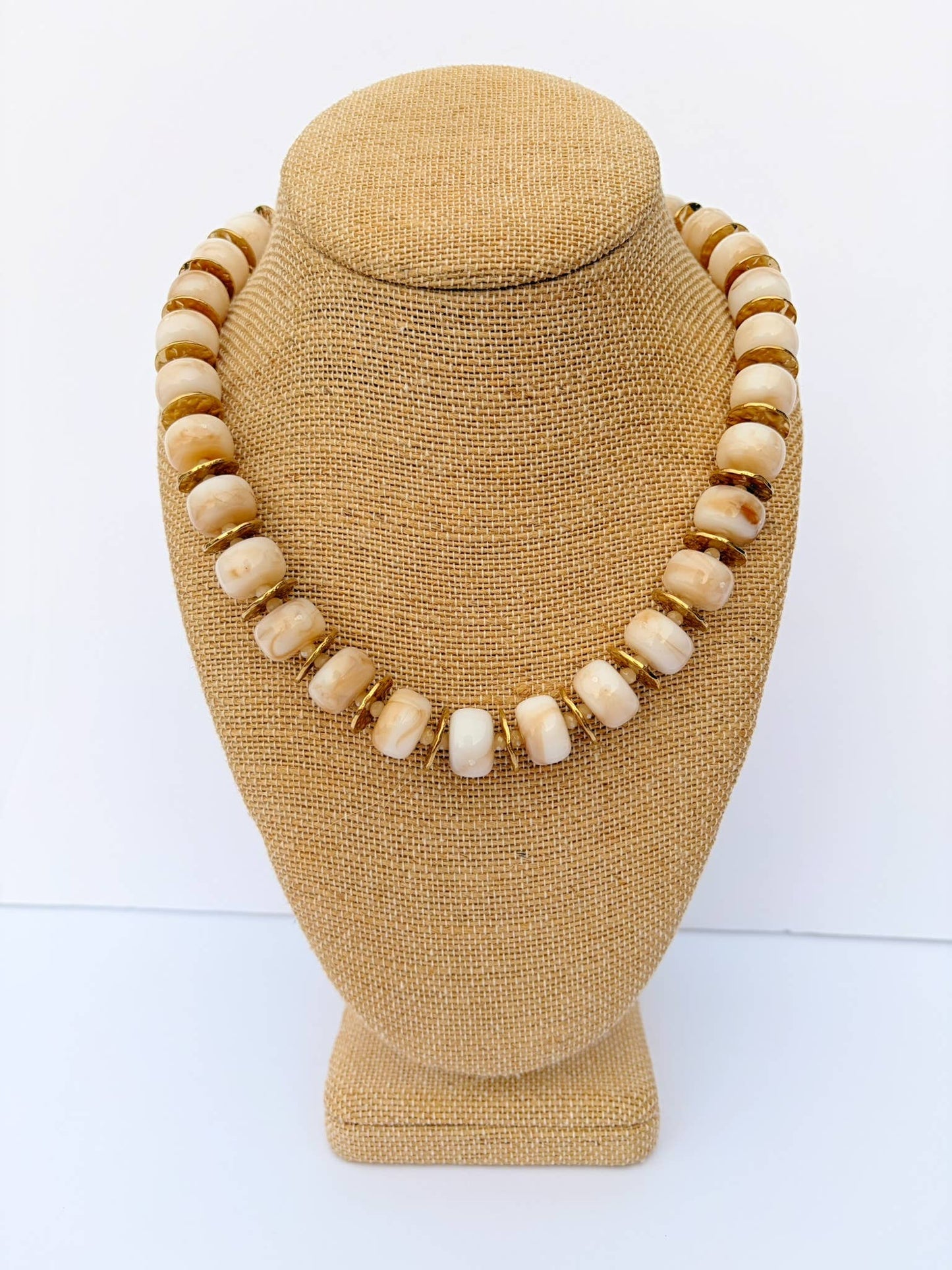 White Round Bead Necklace with Gold Spacers