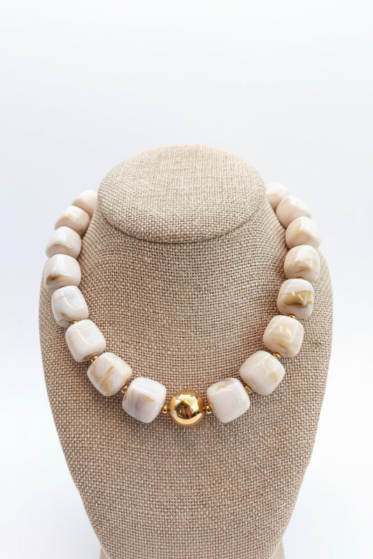 Beige Cube Bead Necklace with Gold Ball