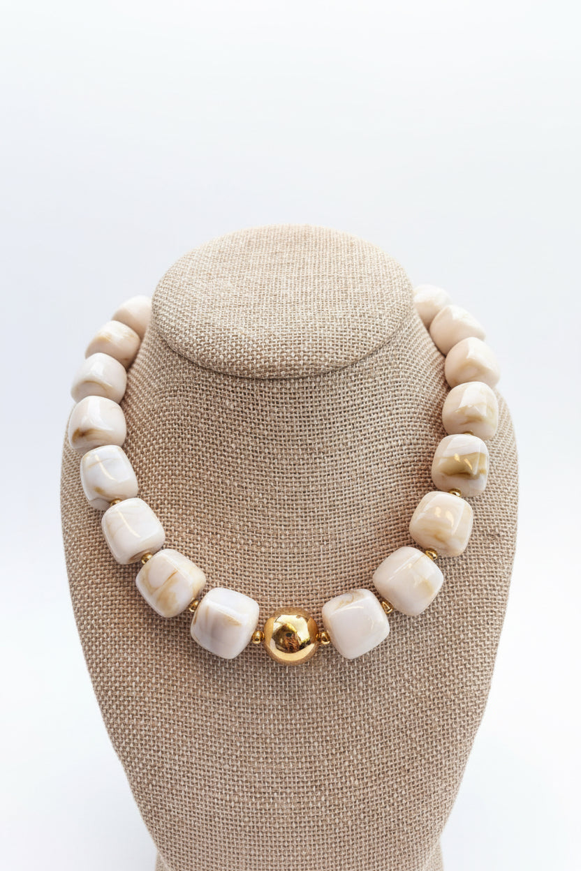 Beige Cube Bead Necklace with Gold Ball