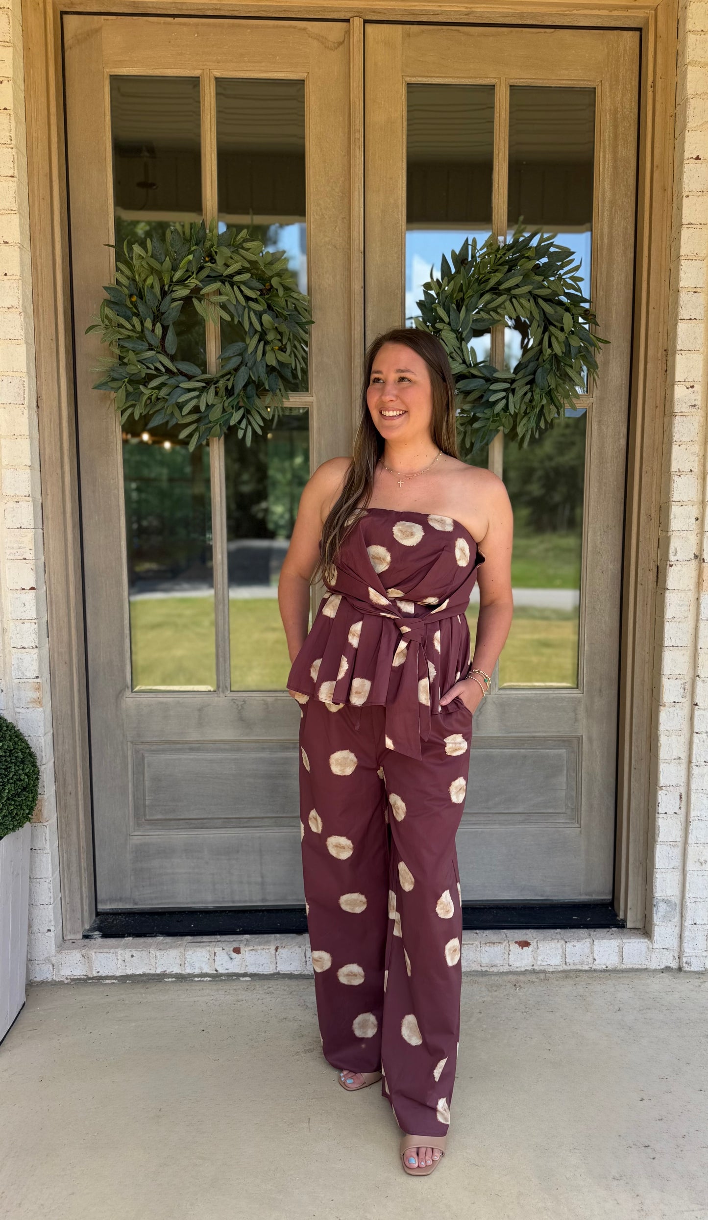 Wine Polka Dot Wide Leg Pants