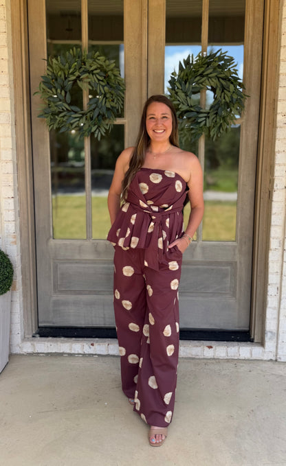 Wine Polka Dot Wide Leg Pants