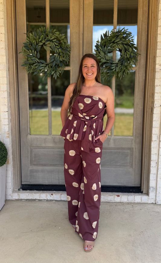 Wine Polka Dot Wide Leg Pants