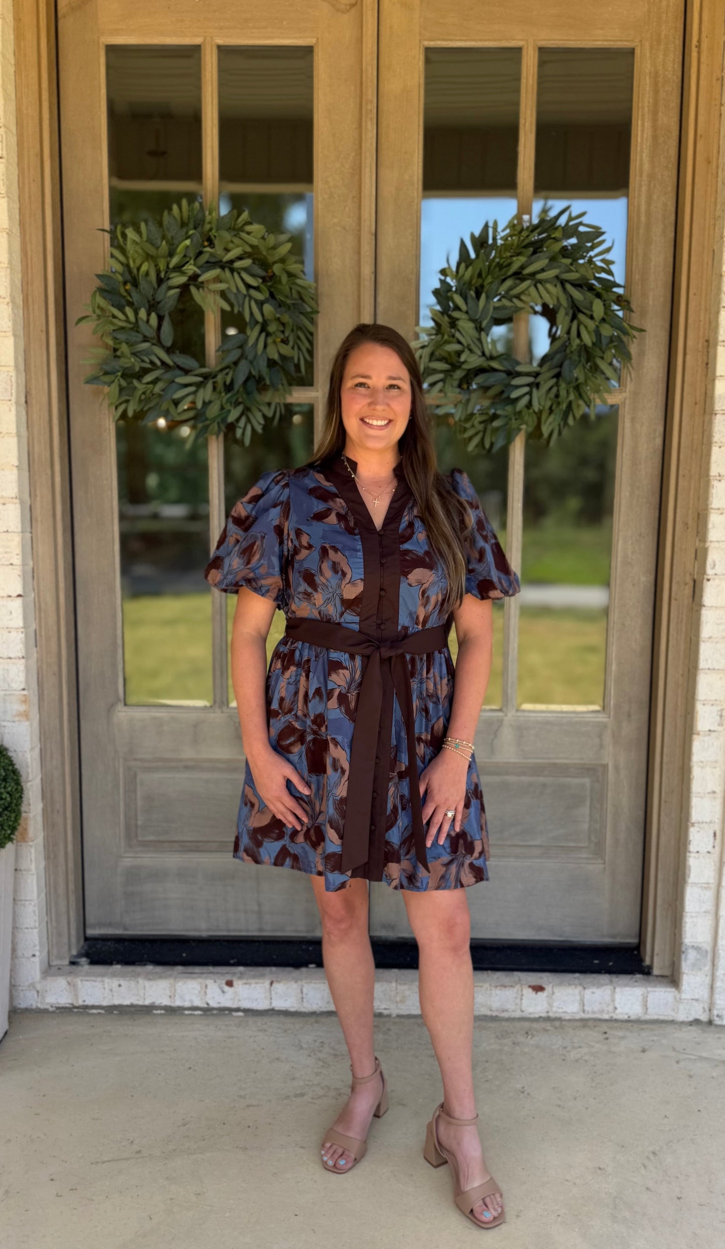 Lucia Blue & Brown Floral Puff Sleeve Mini Dress