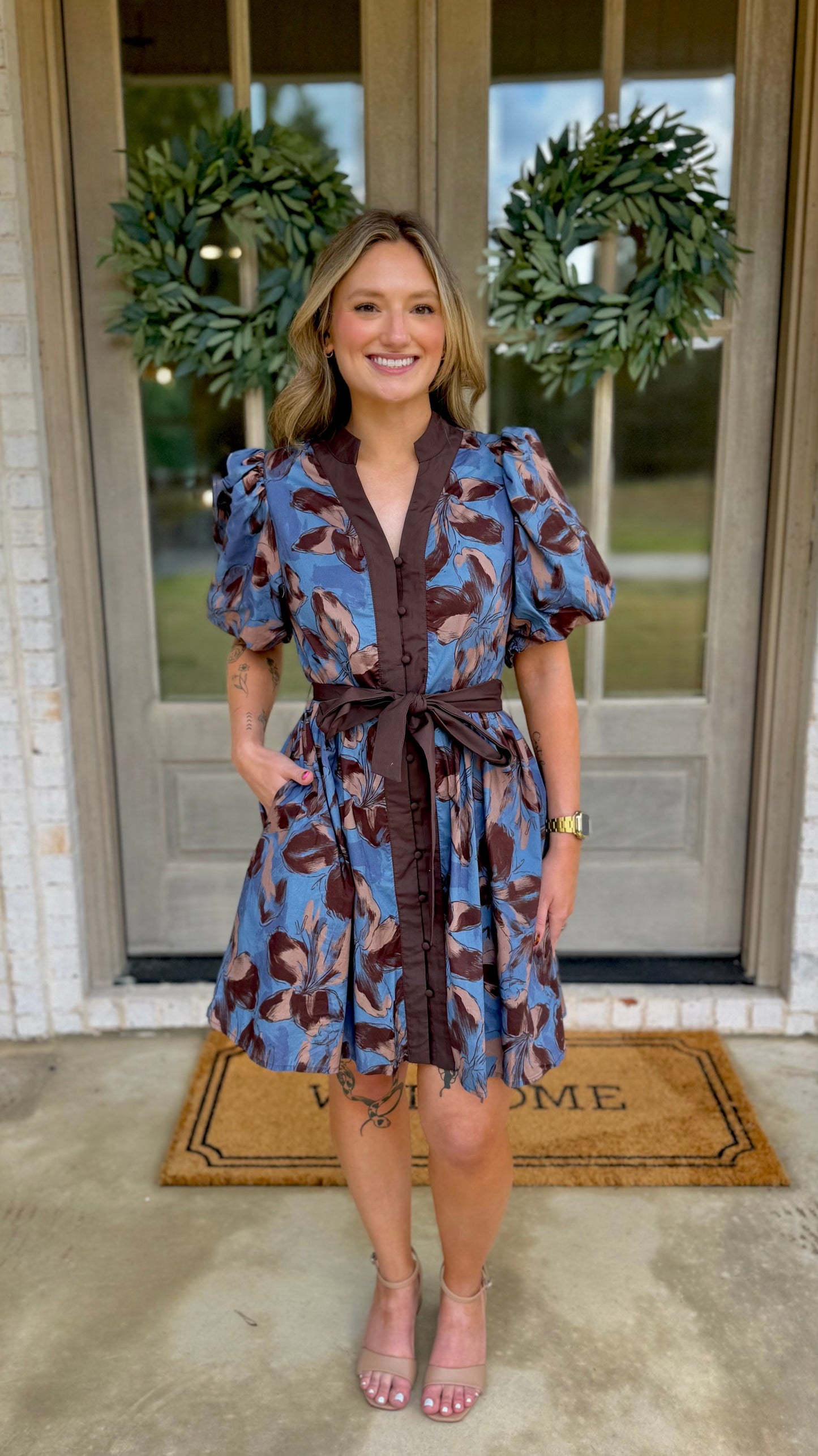Lucia Blue & Brown Floral Puff Sleeve Mini Dress