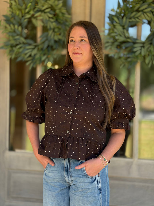 Sadie Brown Polka Dot Ruffle Top