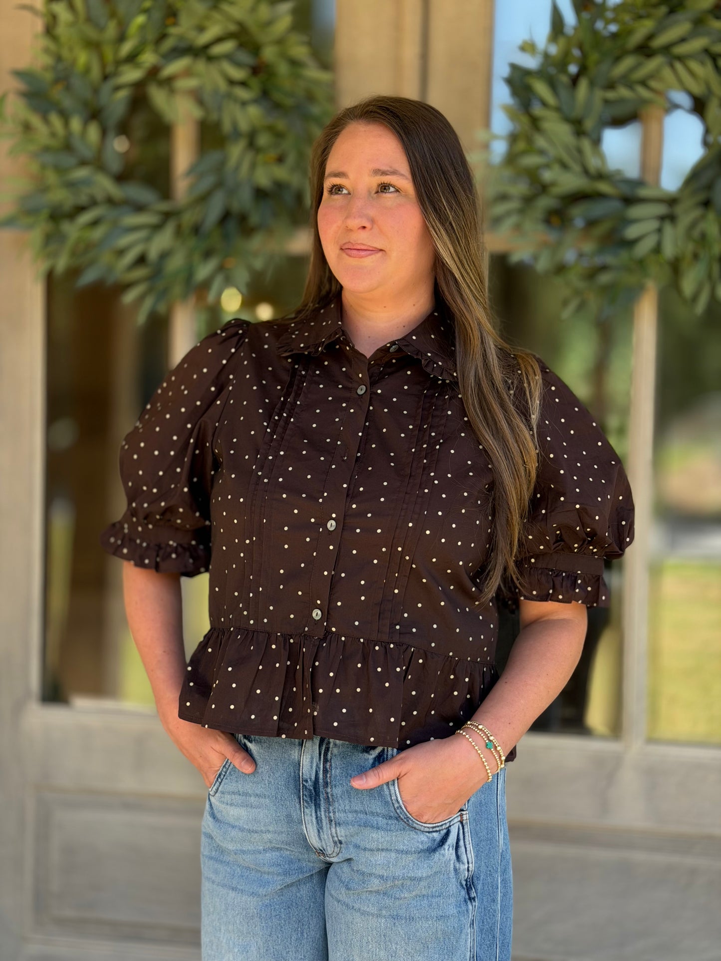 Sadie Brown Polka Dot Ruffle Top