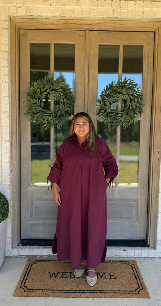 Burgundy Plus Size Midi Shirt Dress