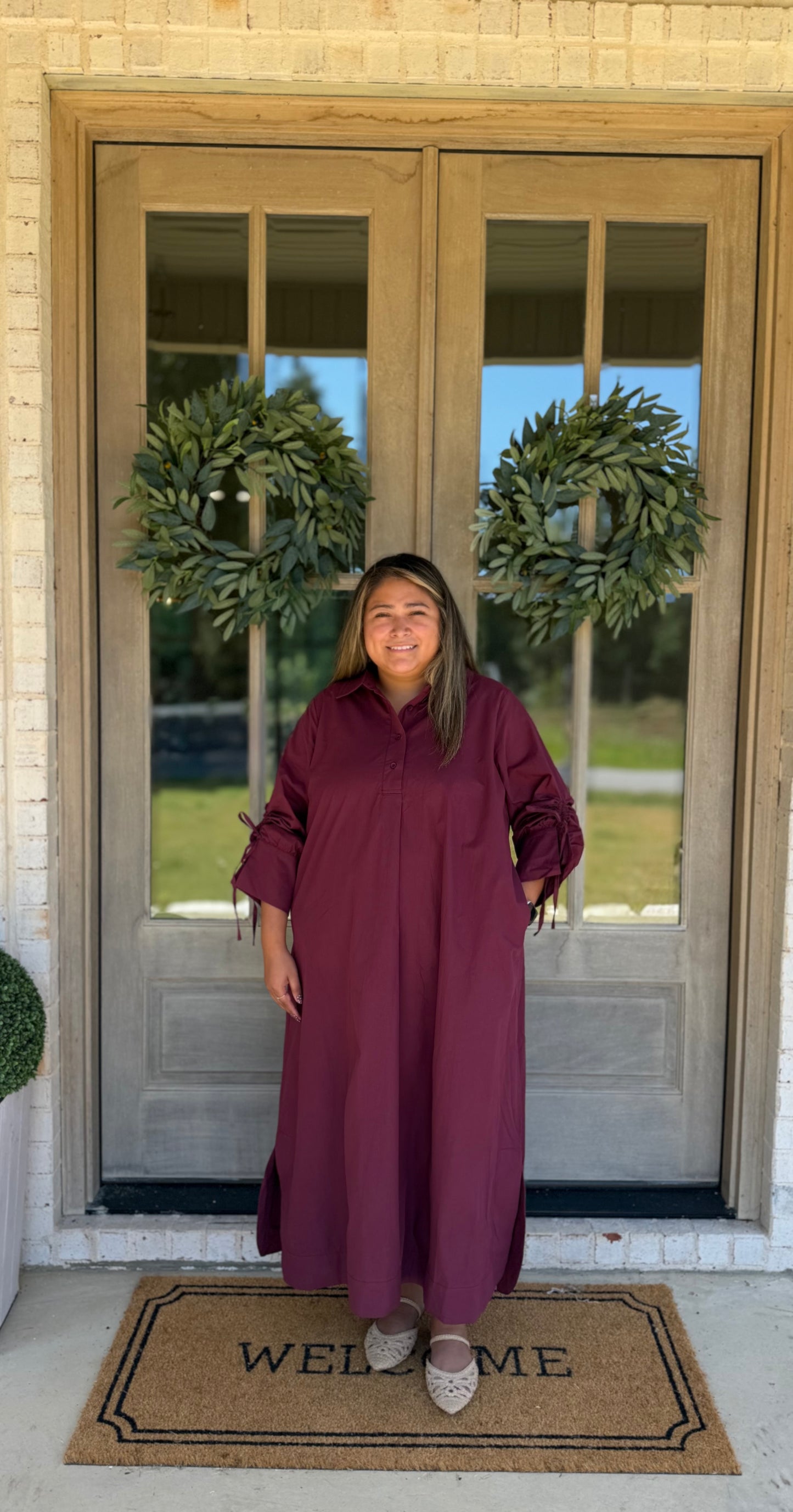 Burgundy Plus Size Midi Shirt Dress