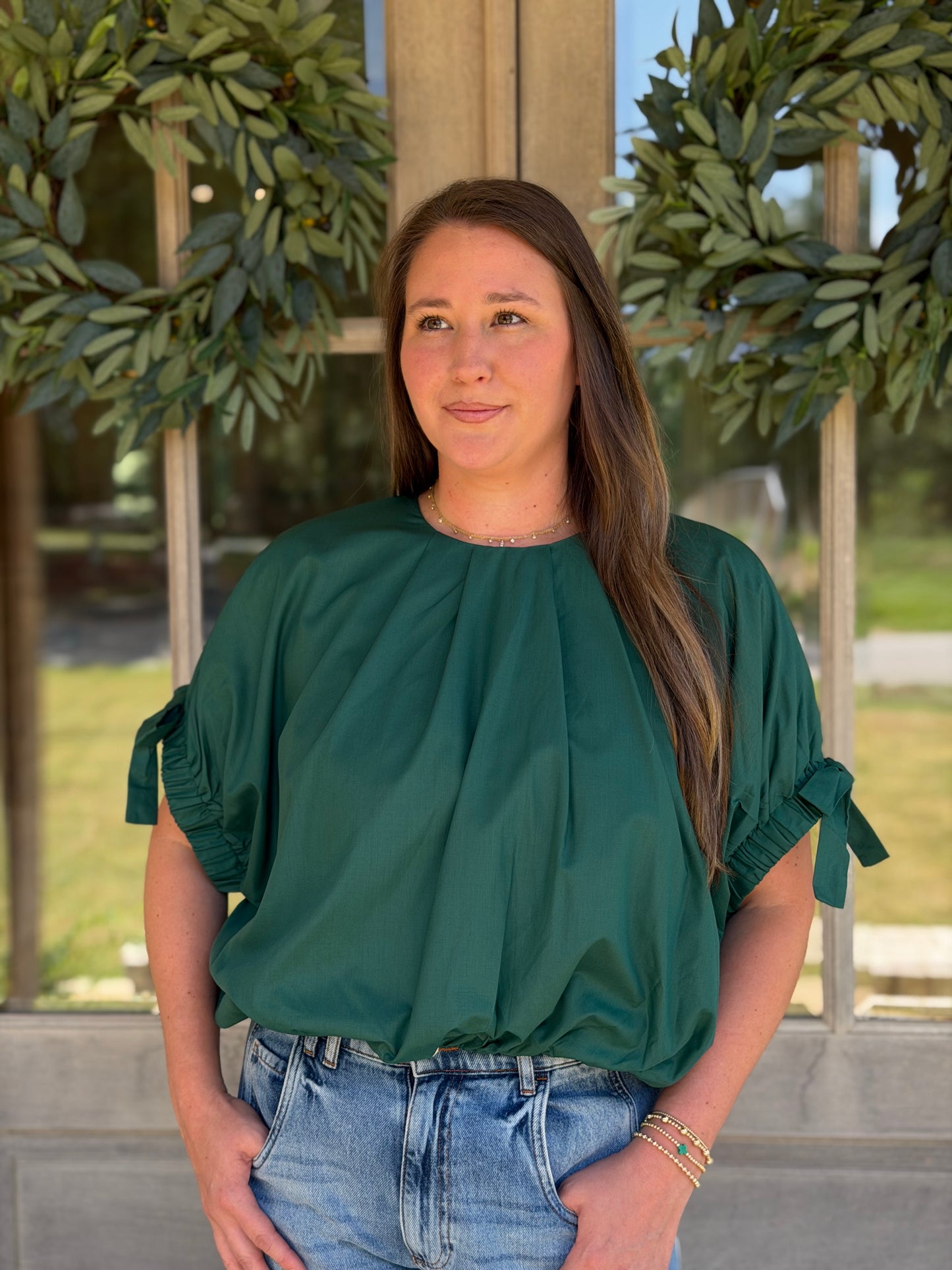 Megan Emerald Green Tie Sleeve Blouse.