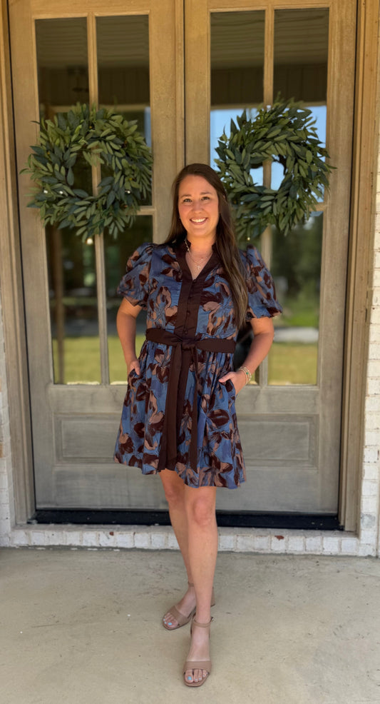 Lucia Blue & Brown Floral Puff Sleeve Mini Dress
