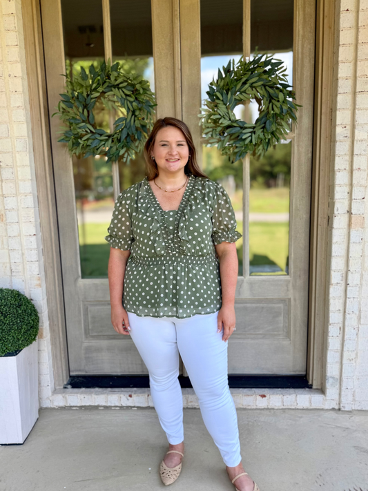 Olive Polka Dot Ruffle Sleeve Plus Size Top