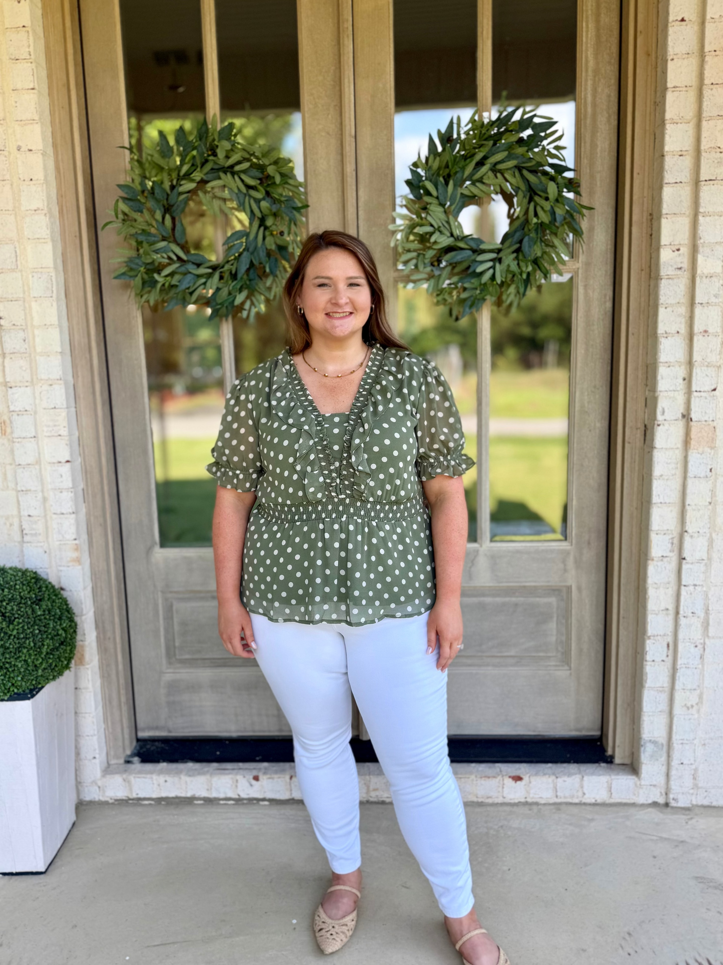 Olive Polka Dot Ruffle Sleeve Plus Size Top