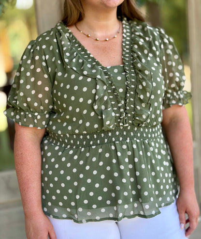 Olive Polka Dot Ruffle Sleeve Plus Size Top