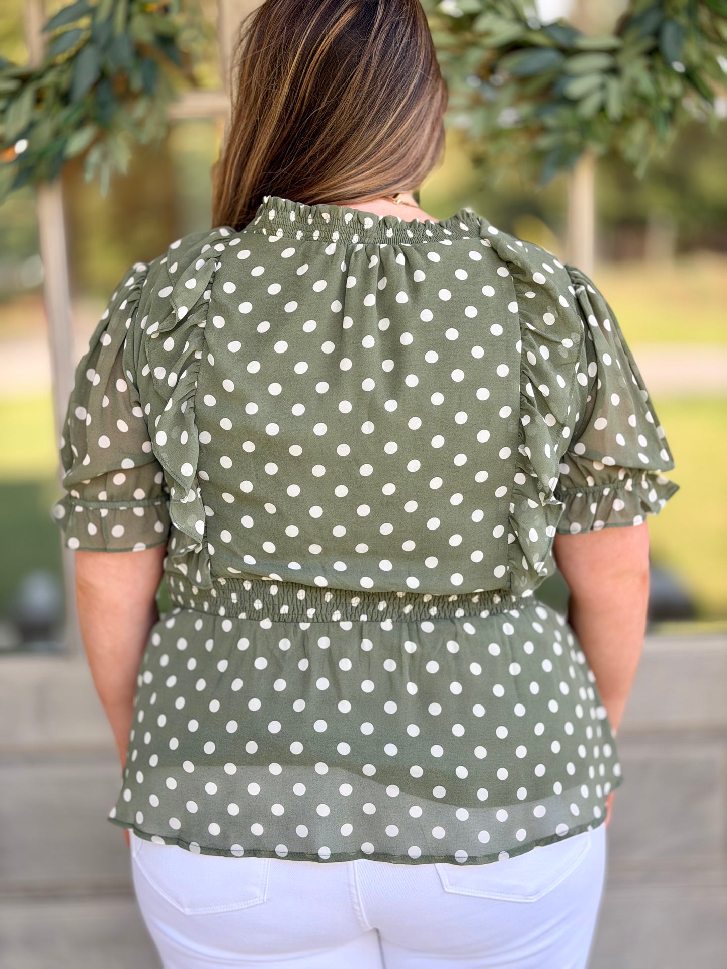 Olive Polka Dot Ruffle Sleeve Plus Size Top