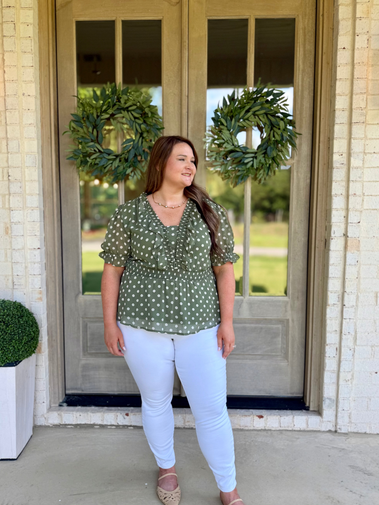 Olive Polka Dot Ruffle Sleeve Plus Size Top