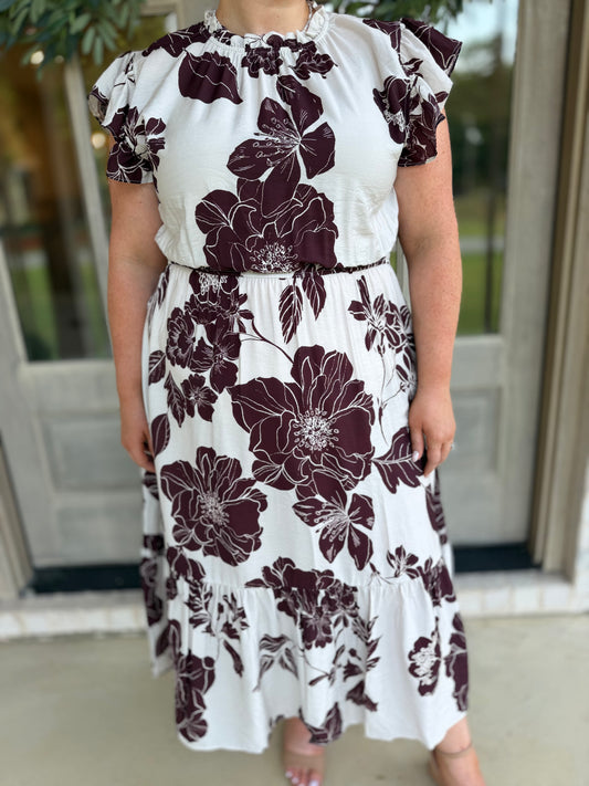 Brown Floral Flutter Sleeve Midi Plus Size Dress