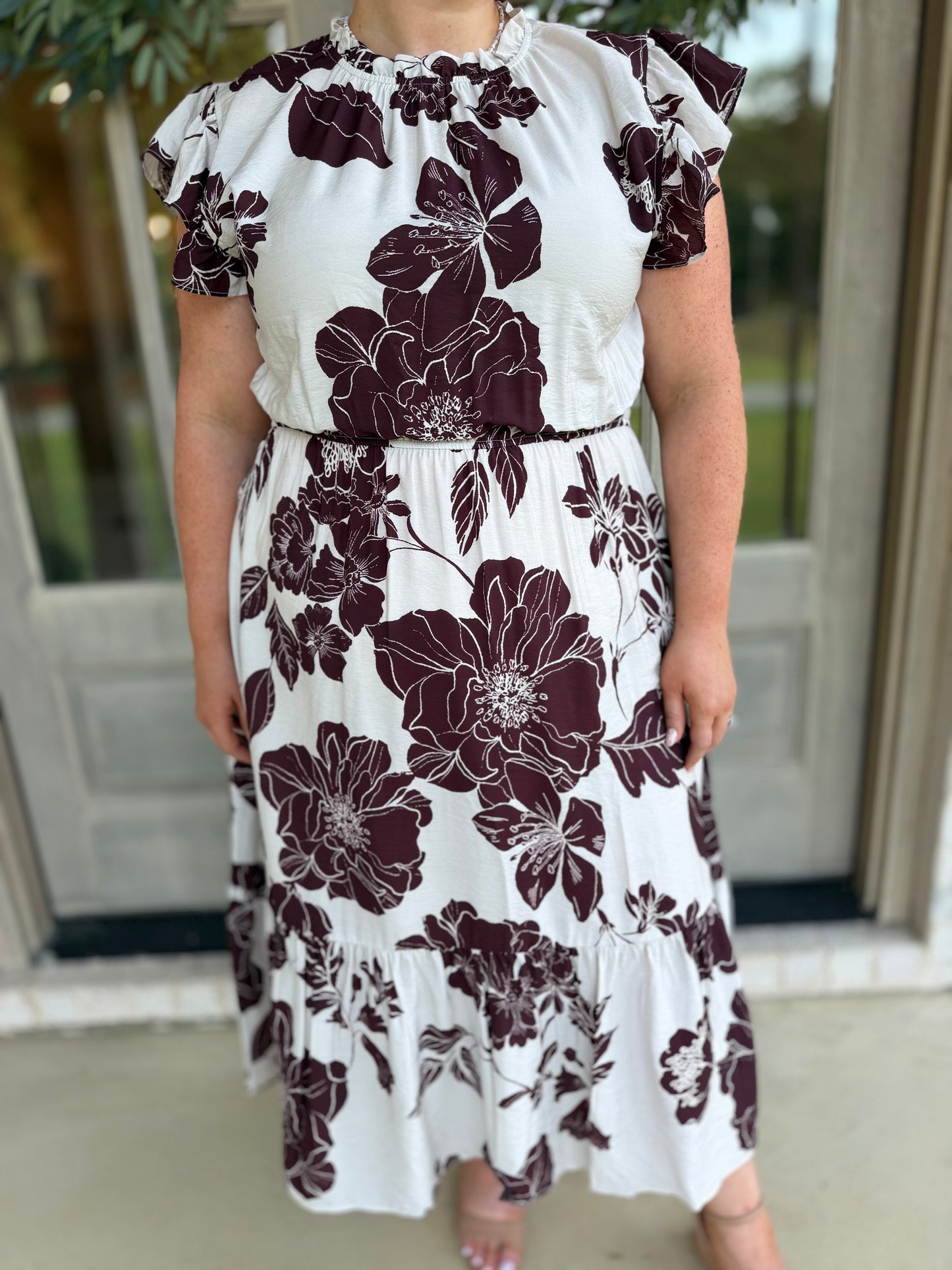 Brown Floral Flutter Sleeve Midi Plus Size Dress