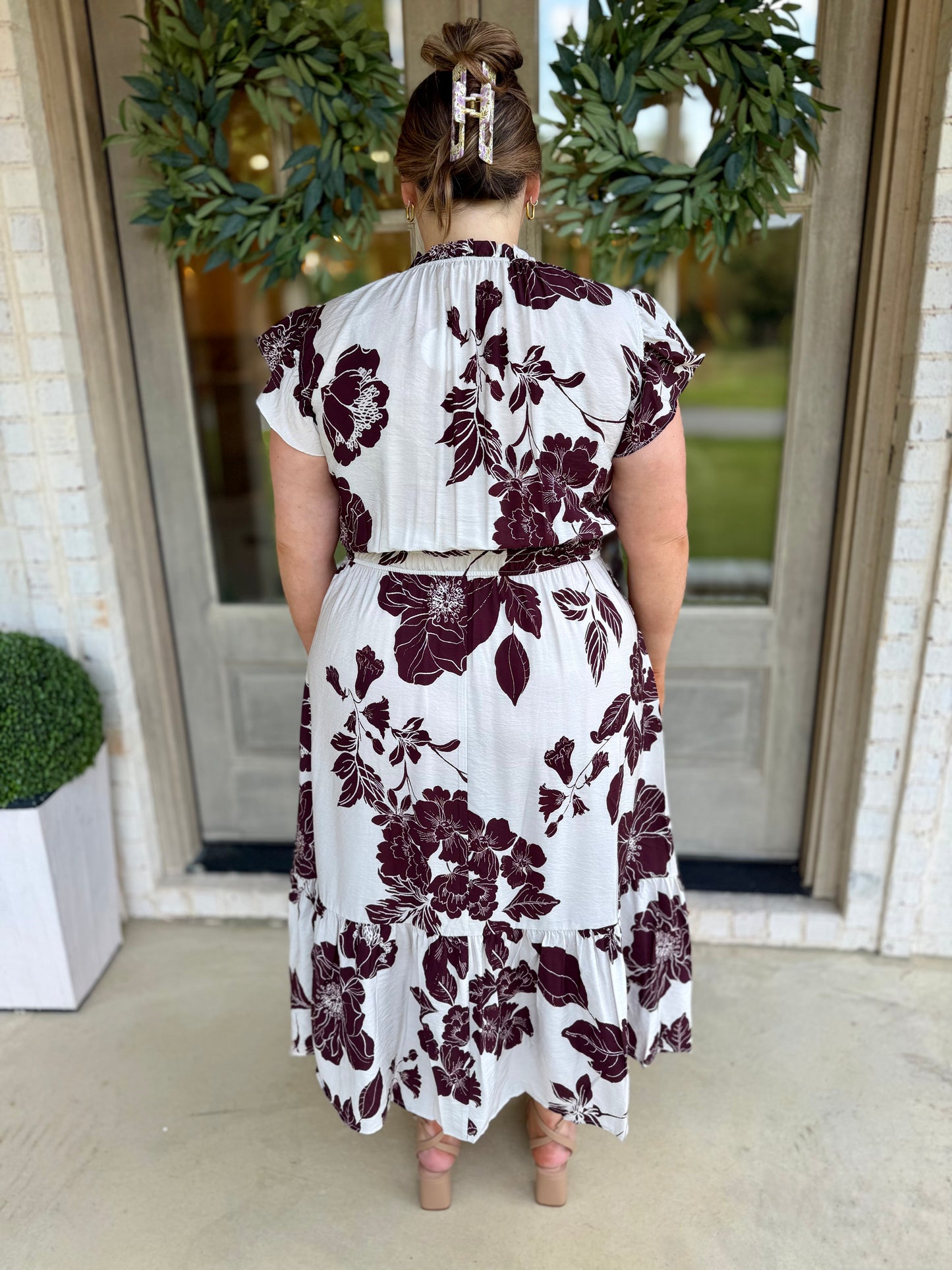 Brown Floral Flutter Sleeve Midi Plus Size Dress
