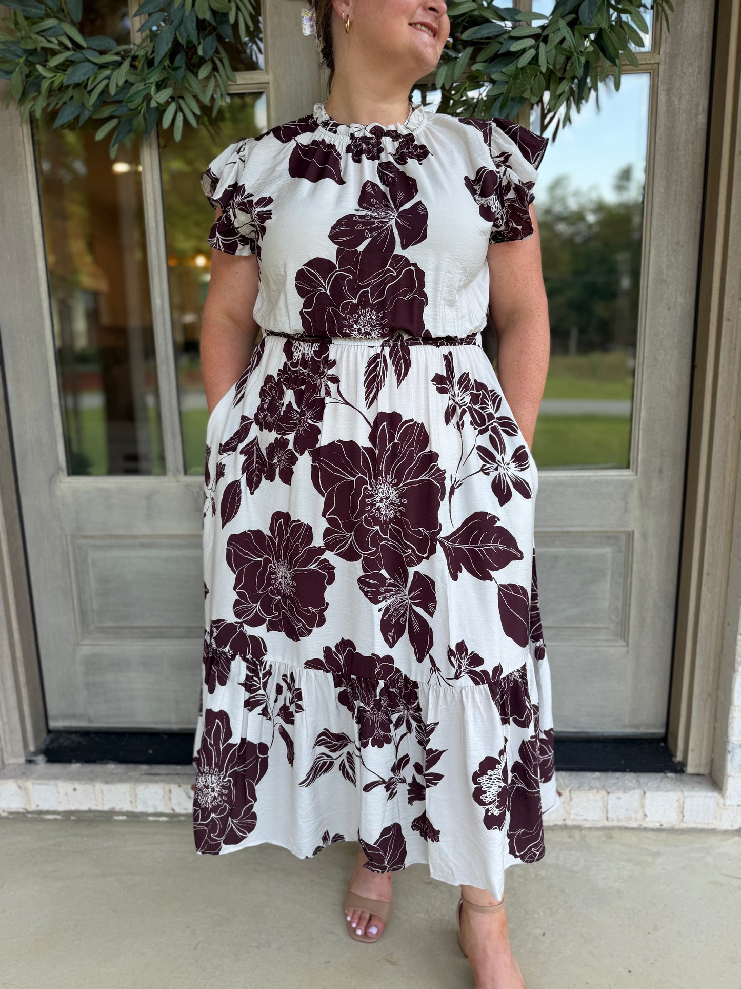 Brown Floral Flutter Sleeve Midi Plus Size Dress