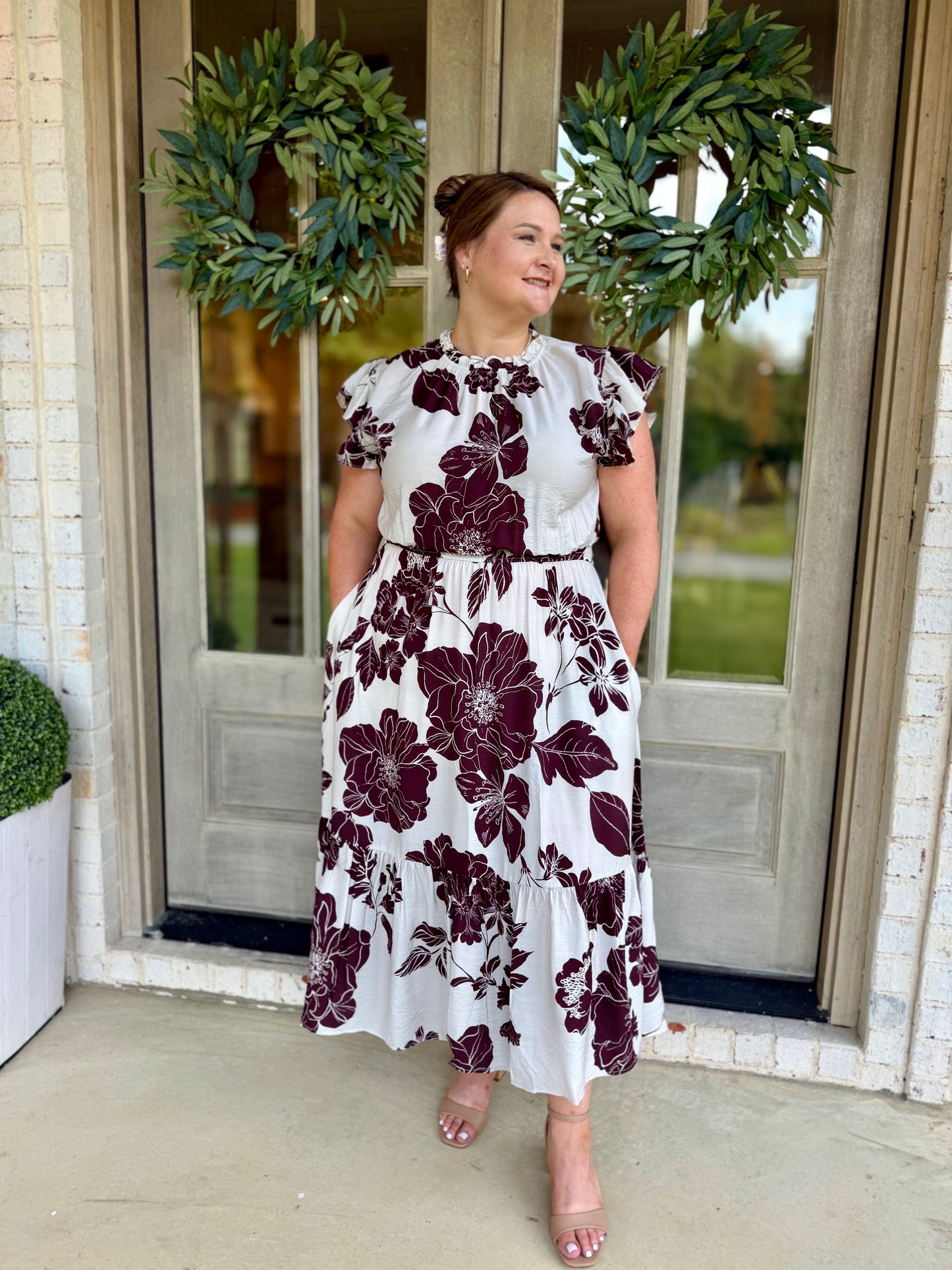 Brown Floral Flutter Sleeve Midi Plus Size Dress