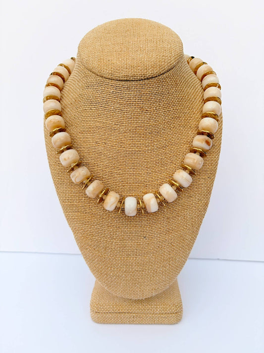 White Round Bead Necklace with Gold Spacers